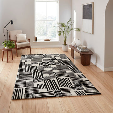 Catherine Lansfield Blocks Modern Geometric Durable Easy-Care Carved High Density Polyproplyene Black/Cream Rug-Think Rugs-Rug Love - The Most Loved Rug Store